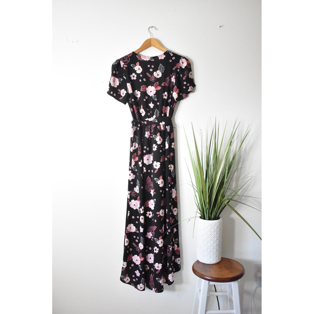 Candie's Floral Maxi Romper Women Size M Black Pink Modern Split Overlay Tie - Picture 8 of 10